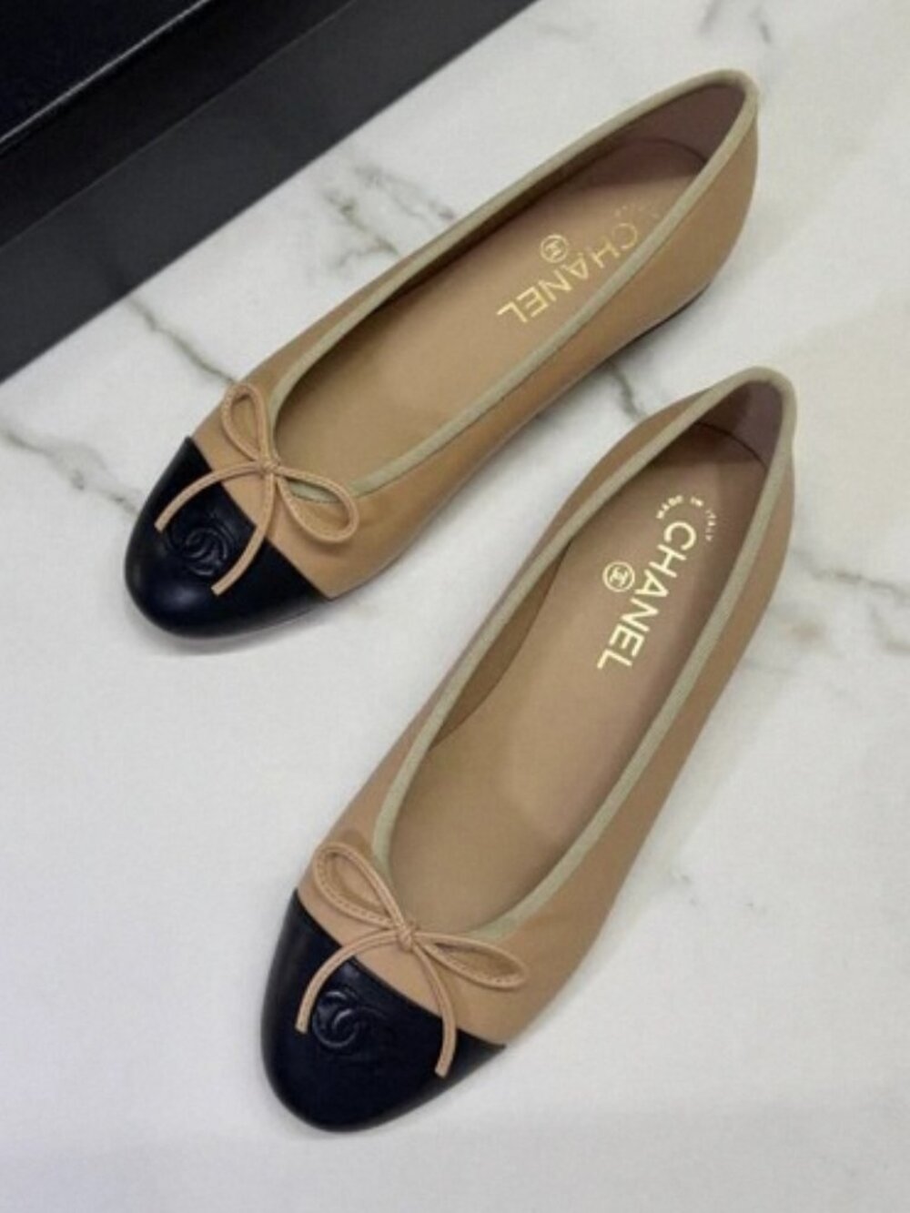 Chanel Beige Black Bow Cap Toe Ballet Flat Shoes